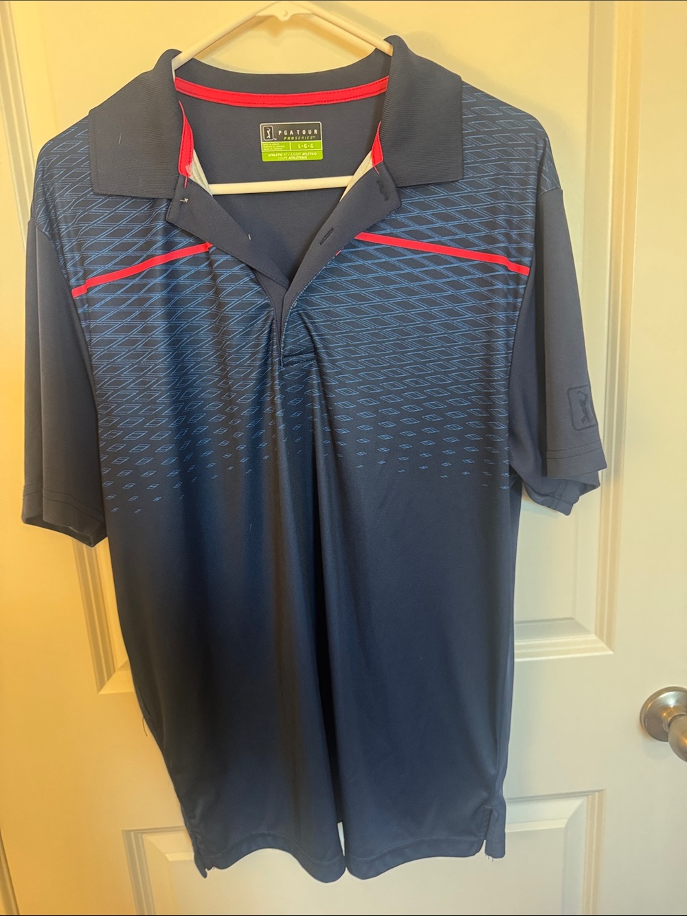 PGA Tour Navy Polo with Red Chest Stripes